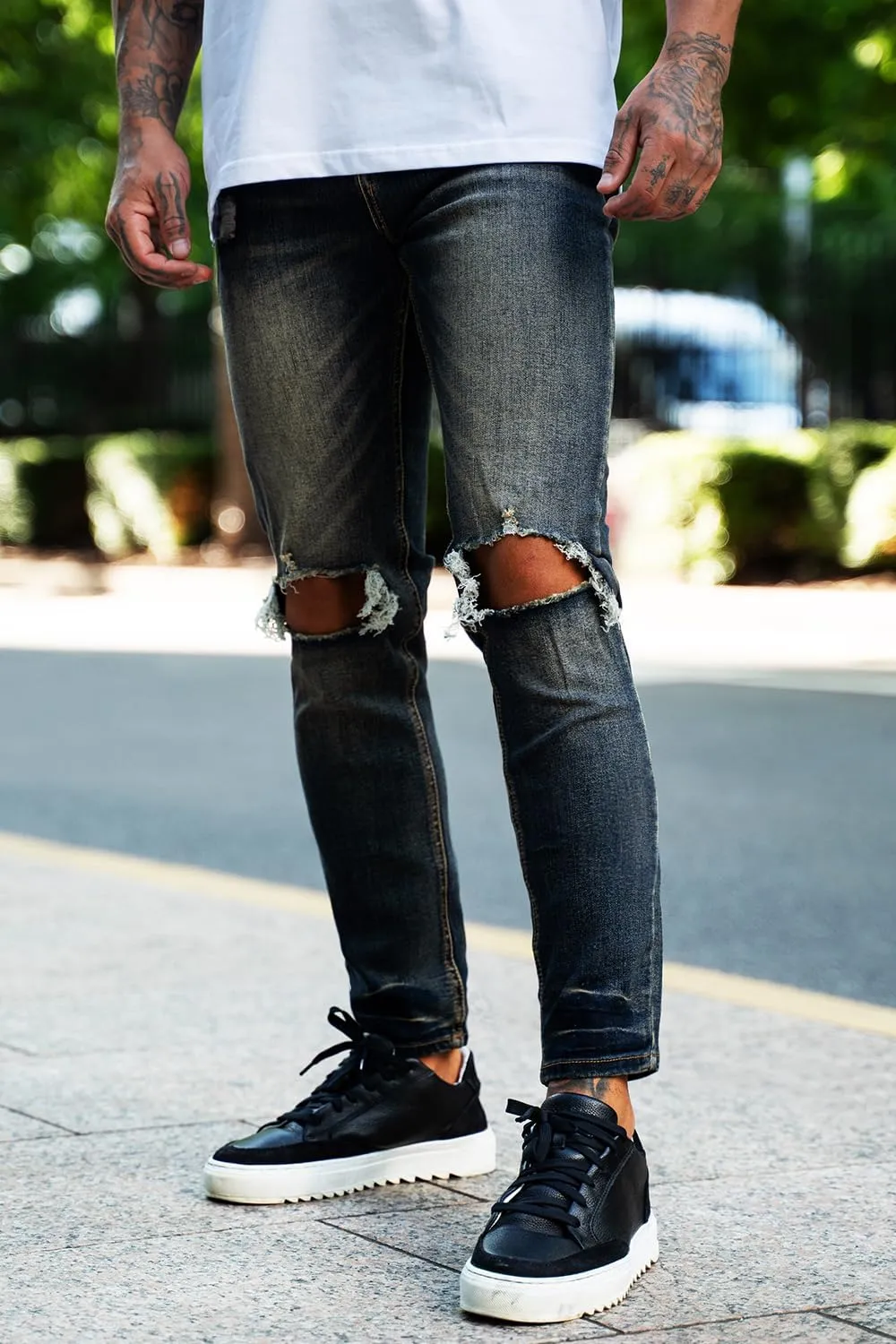 Men's Classic Slim Fit Stretchy Jeans for Men Skinny Flex Denim Pants Ripped Designer
