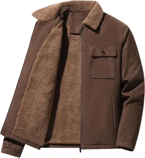 Men's Corduroy Jacket Thickened Sherpa Lined Trucker Jacket Turn-Down Collar Full Zip Warm Winter Jacket with Pockets