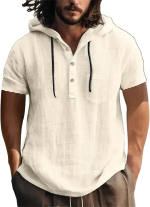 Men's Cotton Linen Hoodies Shirts Short Sleeve Casual Lace Up Hooded Shirt Breathable Quick Dry Beach Hippie Tee Top