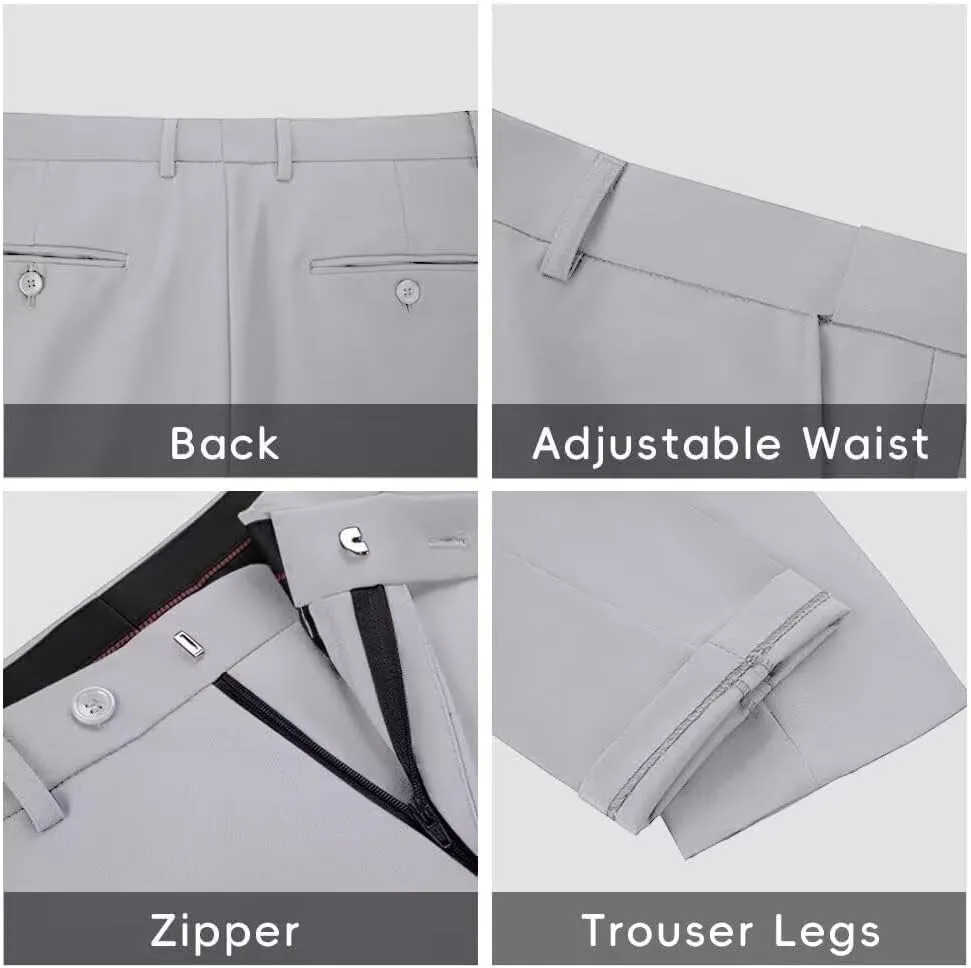 Mens Dress Pants Formal Slim Fit Tuxedo Expandable Waist Flat Front Slacks Pant for Men Groomsmen Business Work Classic