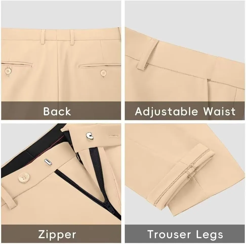 Mens Dress Pants Formal Slim Fit Tuxedo Expandable Waist Flat Front Slacks Pant for Men Groomsmen Business Work Classic