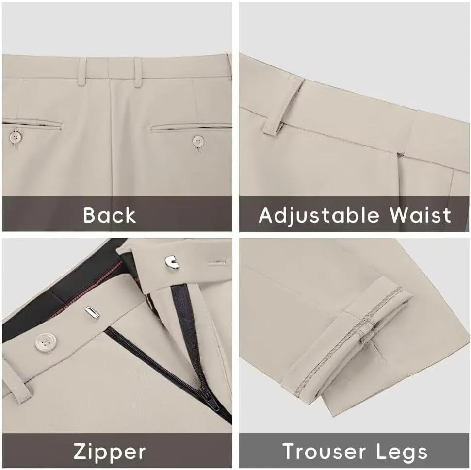 Mens Dress Pants Formal Slim Fit Tuxedo Expandable Waist Flat Front Slacks Pant for Men Groomsmen Business Work Classic