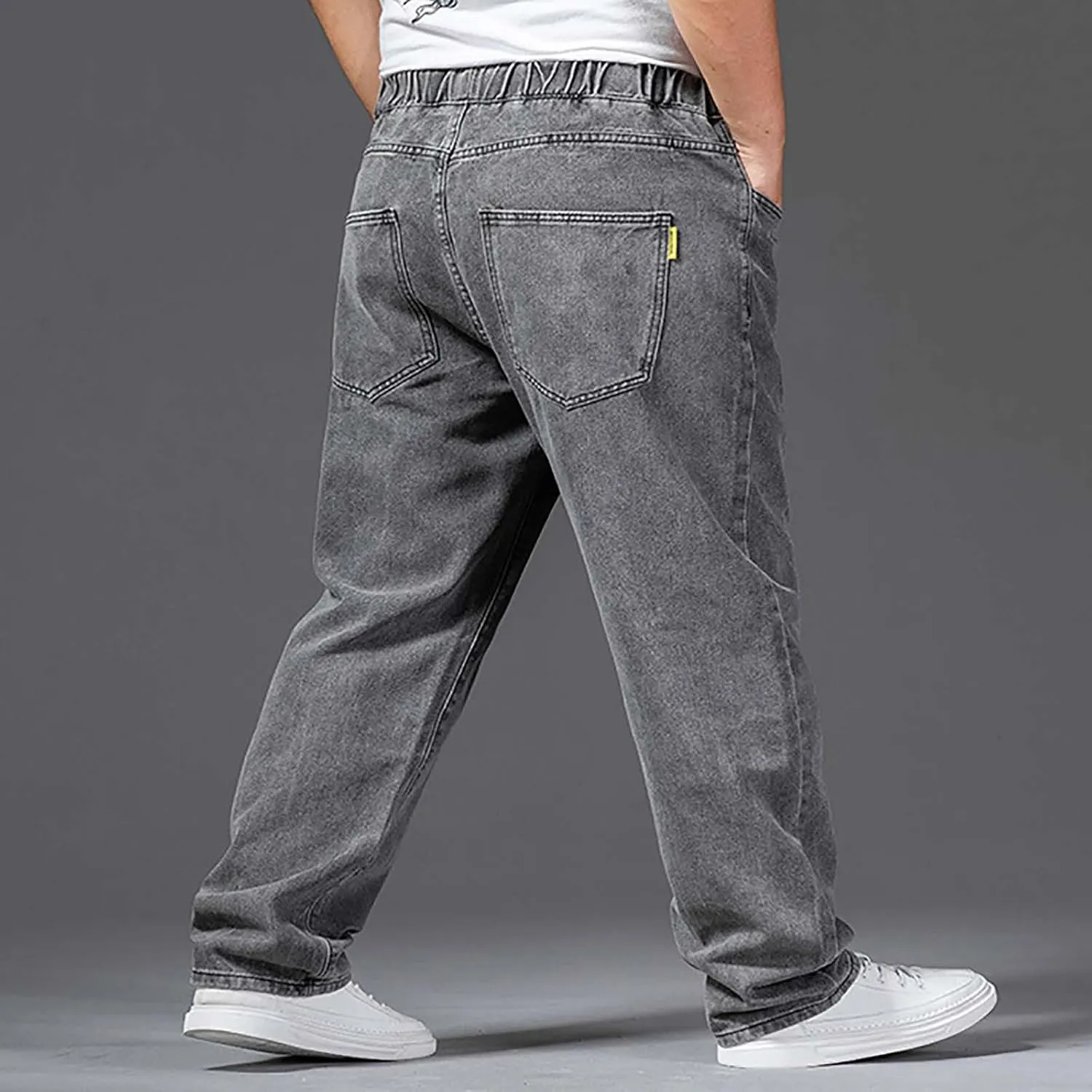 Mens Fashion Classic Jeans Elastic Waist Drawstring Denim Pants Casual Loose Straight Legs Trousers with Pockets