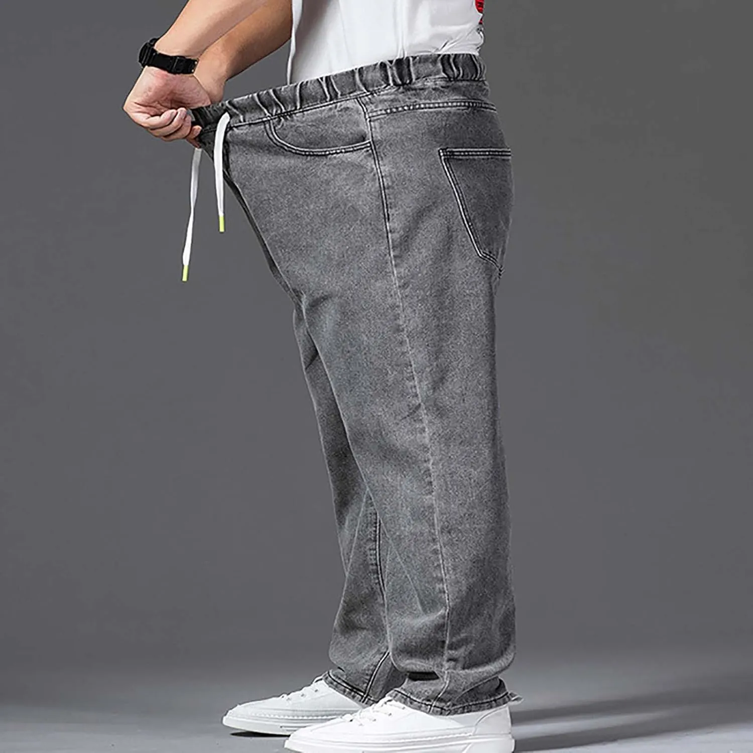 Mens Fashion Classic Jeans Elastic Waist Drawstring Denim Pants Casual Loose Straight Legs Trousers with Pockets
