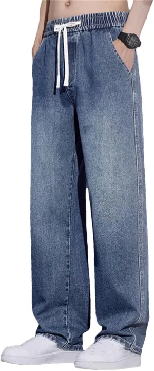 Men's Fashion Wide-Leg Baggy Jeans Vintage High Waist Straight Washed Denim with Pockets