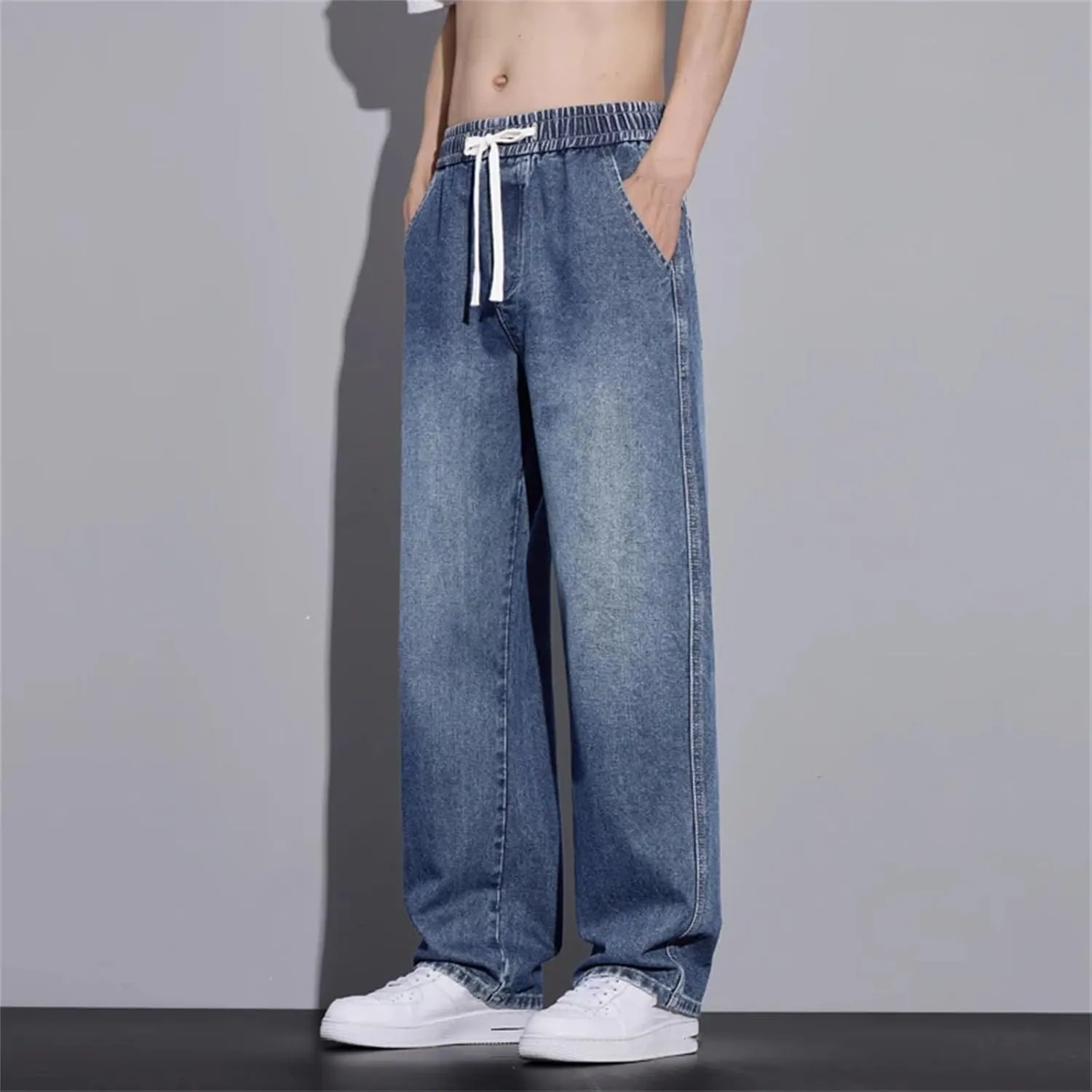 Men's Fashion Wide-Leg Baggy Jeans Vintage High Waist Straight Washed Denim with Pockets