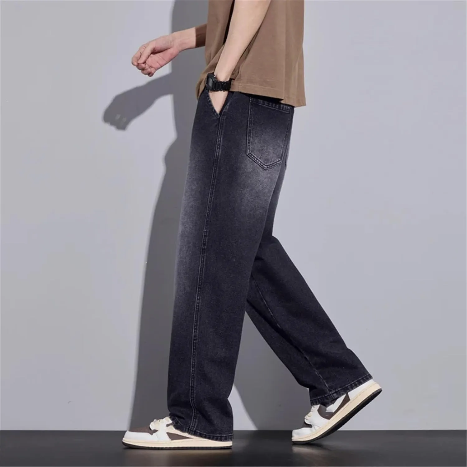 Men's Fashion Wide-Leg Baggy Jeans Vintage High Waist Straight Washed Denim with Pockets