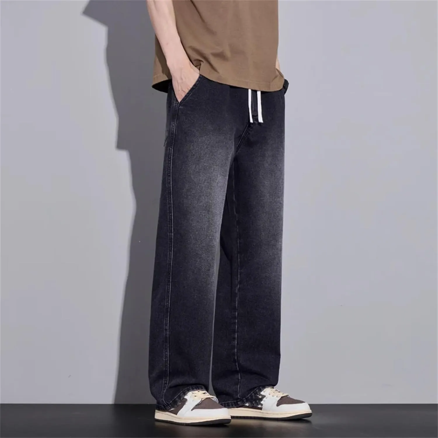 Men's Fashion Wide-Leg Baggy Jeans Vintage High Waist Straight Washed Denim with Pockets