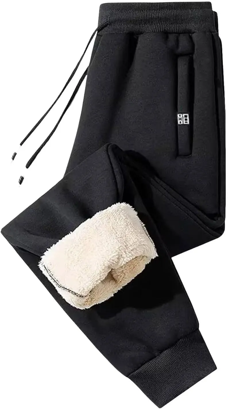 Mens Fleece Lined Pants, Mens Sherpa Lined Sweatpants Winter Warm Fleece Pants Straight Leg Drawstring Jogging Pants