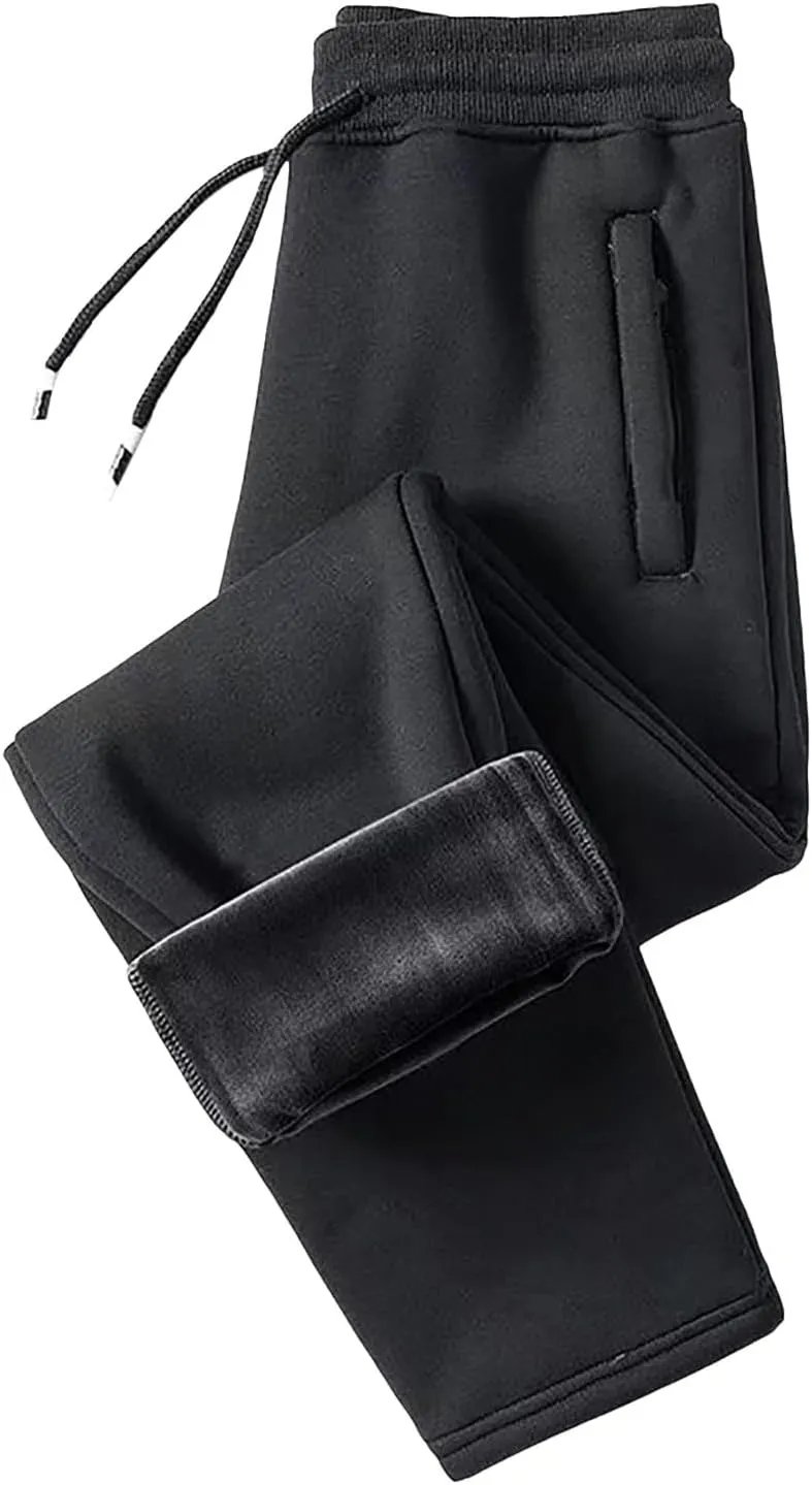 Mens Fleece Lined Pants, Mens Sherpa Lined Sweatpants Winter Warm Fleece Pants Straight Leg Drawstring Jogging Pants