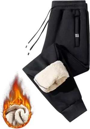 Mens Fleece Lined Pants, Mens Sherpa Lined Sweatpants Winter Warm Fleece Pants Straight Leg Drawstring Jogging Pants