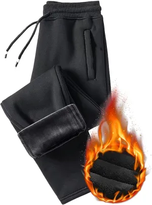 Mens Fleece Lined Pants, Mens Sherpa Lined Sweatpants Winter Warm Fleece Pants Straight Leg Drawstring Jogging Pants