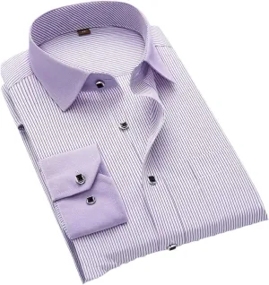 Men's French Cuff Dress Shirt White Long Sleeve Formal Business Shirts Striped Shirts for Men with Cufflinks