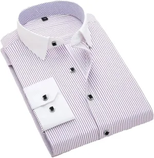 Men's French Cuff Dress Shirt White Long Sleeve Formal Business Shirts Striped Shirts for Men with Cufflinks