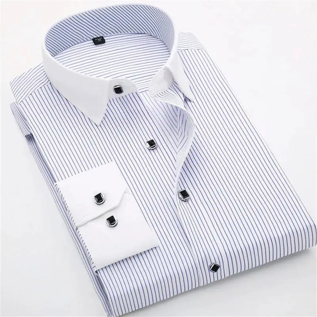 Men's French Cuff Dress Shirt White Long Sleeve Formal Business Shirts Striped Shirts for Men with Cufflinks