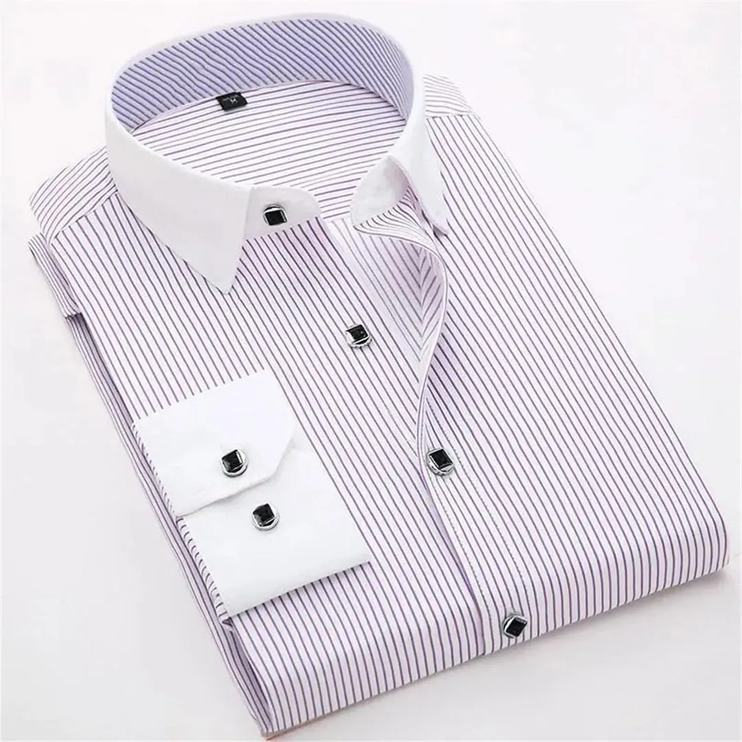 Men's French Cuff Dress Shirt White Long Sleeve Formal Business Shirts Striped Shirts for Men with Cufflinks
