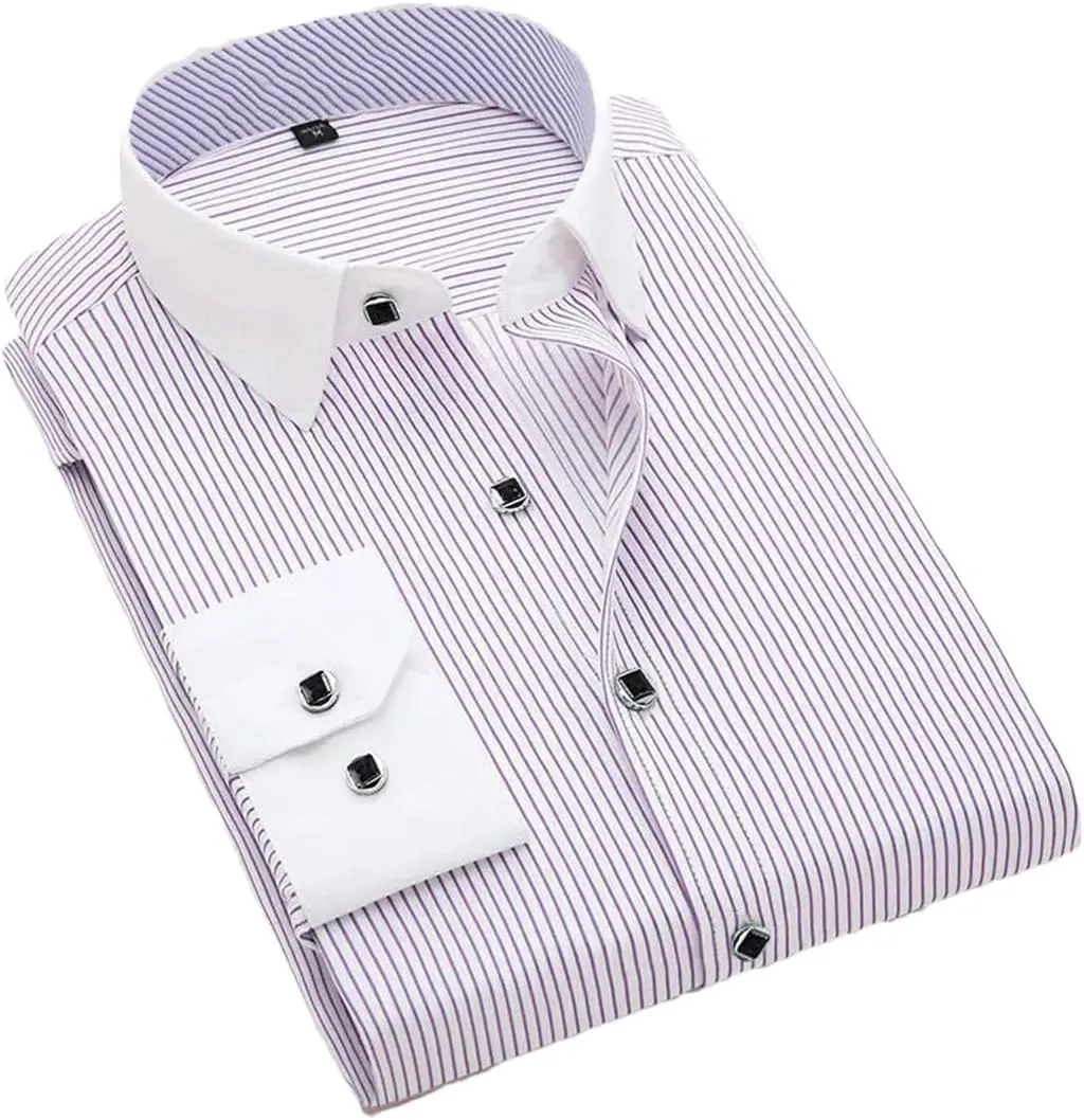 Men's French Cuff Dress Shirt White Long Sleeve Formal Business Shirts Striped Shirts for Men with Cufflinks