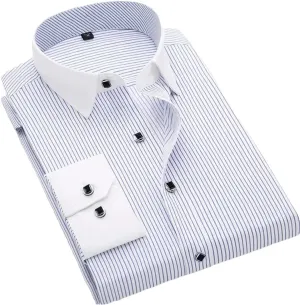 Men's French Cuff Dress Shirt White Long Sleeve Formal Business Shirts Striped Shirts for Men with Cufflinks
