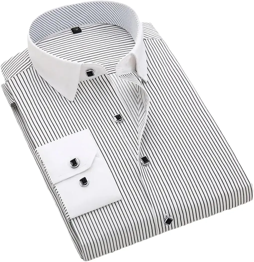 Men's French Cuff Dress Shirt White Long Sleeve Formal Business Shirts Striped Shirts for Men with Cufflinks