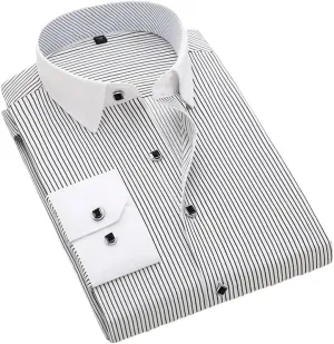 Men's French Cuff Dress Shirt White Long Sleeve Formal Business Shirts Striped Shirts for Men with Cufflinks