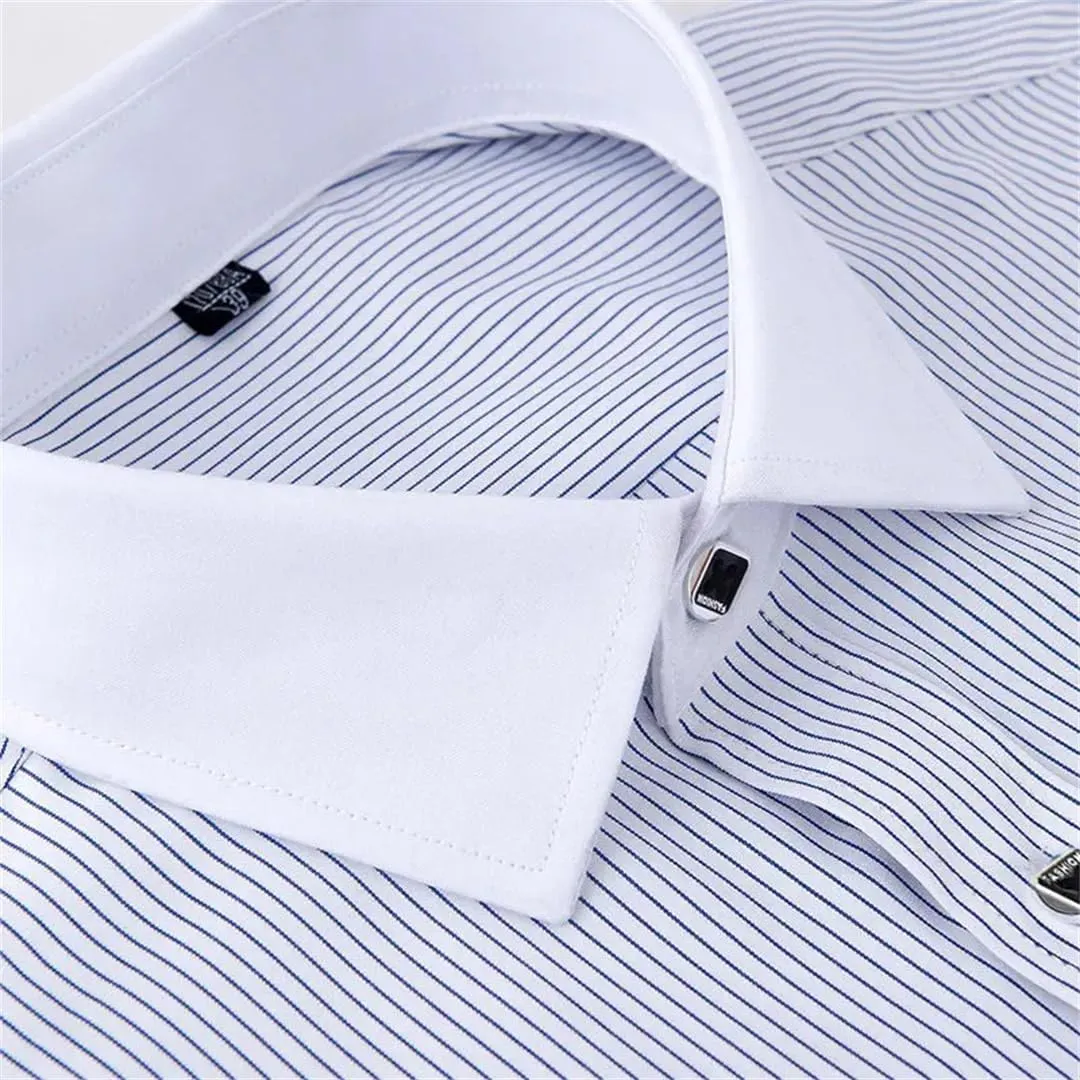 Men's French Cuff Dress Shirt White Long Sleeve Formal Business Shirts Striped Shirts for Men with Cufflinks