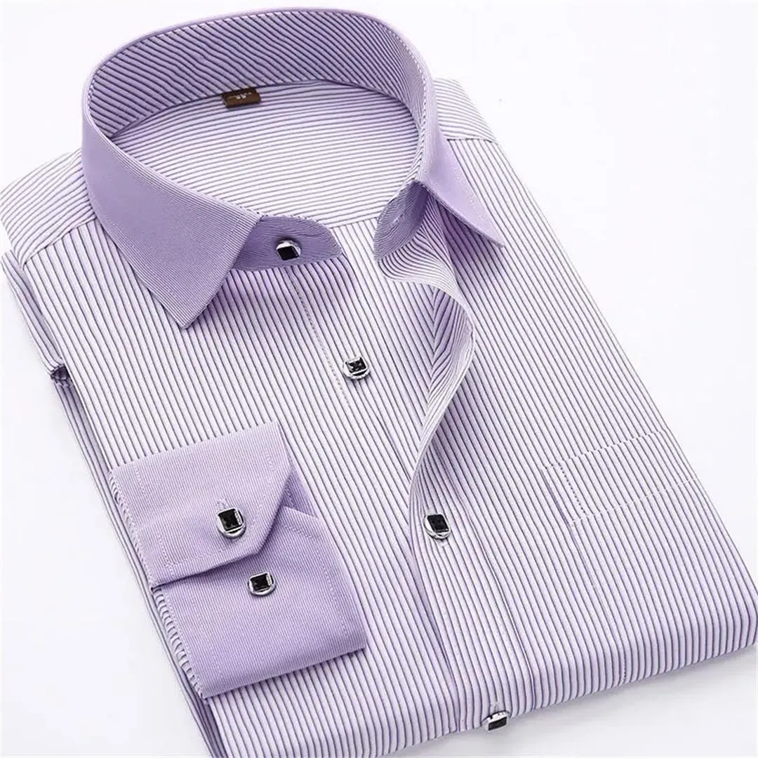 Men's French Cuff Dress Shirt White Long Sleeve Formal Business Shirts Striped Shirts for Men with Cufflinks