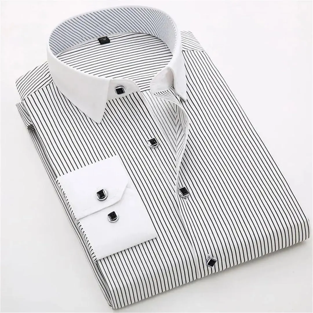 Men's French Cuff Dress Shirt White Long Sleeve Formal Business Shirts Striped Shirts for Men with Cufflinks