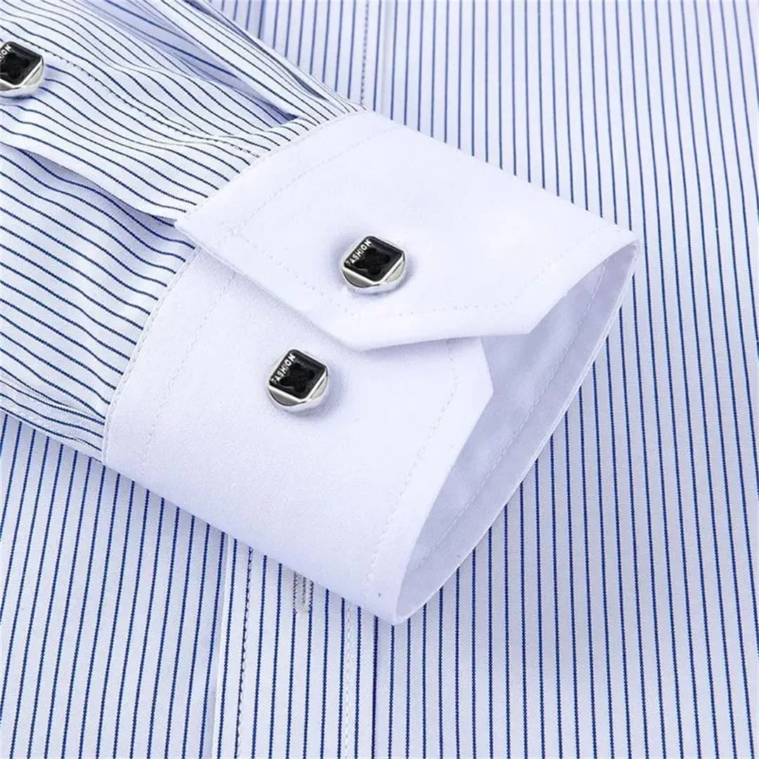 Men's French Cuff Dress Shirt White Long Sleeve Formal Business Shirts Striped Shirts for Men with Cufflinks