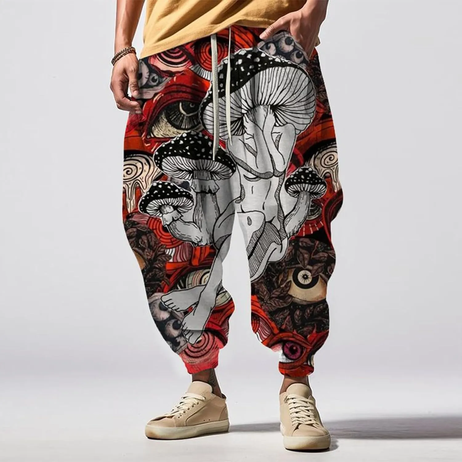 Men's Harem Drawstring Pants Men's Autumn Fun Print Fashion Street Feel Casual Sweatpants Loose Drop Crotch Trousers