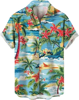 Men's Hawaiian Shirts Stylish Summer Button Down Short Sleeve Beach Aloha Shirt Tropical Quick Dry Hippie Tee Top