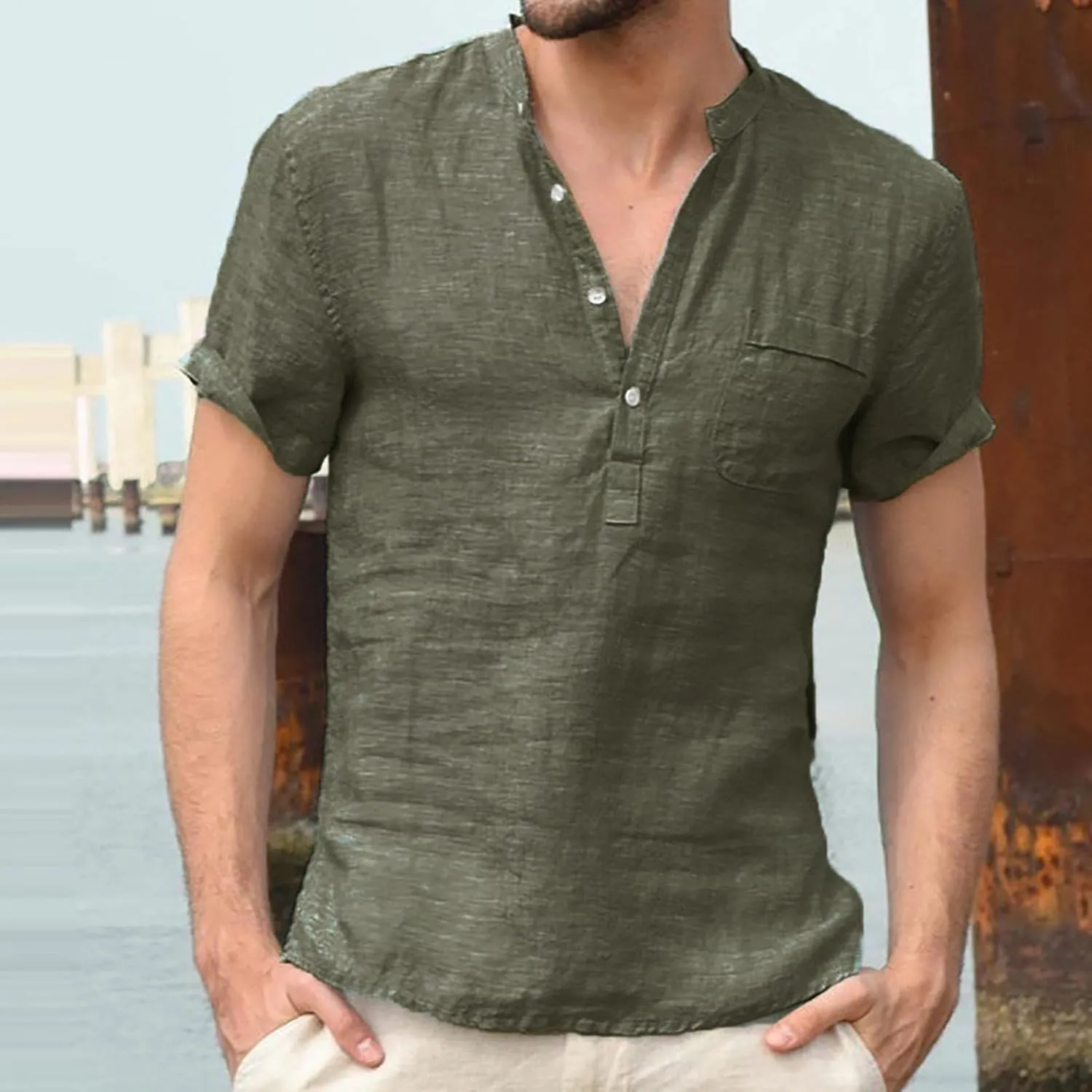 Mens Henley Shirts Short Sleeve V Neck Button Basic Tee Tops Lightweight Quick Dry Loose Boho Beach Hippie Shirt