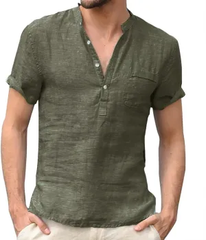 Mens Henley Shirts Short Sleeve V Neck Button Basic Tee Tops Lightweight Quick Dry Loose Boho Beach Hippie Shirt