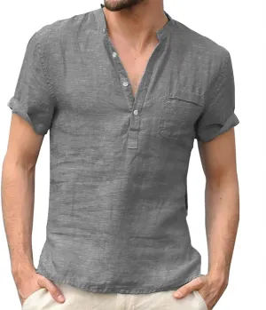 Mens Henley Shirts Short Sleeve V Neck Button Basic Tee Tops Lightweight Quick Dry Loose Boho Beach Hippie Shirt