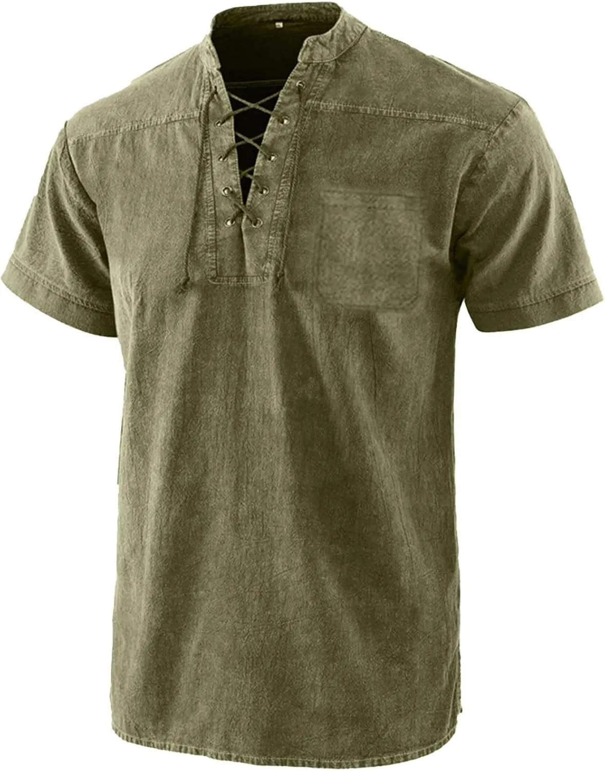 Mens Lace Up V Neck T Shirts Short Sleeve Renaissance Pirate Gothic Viking Steampunk Tops Medieval Summer Retro Shirt