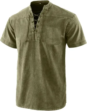 Mens Lace Up V Neck T Shirts Short Sleeve Renaissance Pirate Gothic Viking Steampunk Tops Medieval Summer Retro Shirt