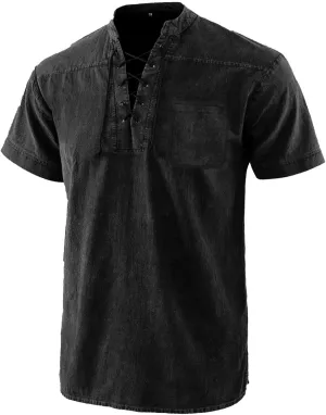 Mens Lace Up V Neck T Shirts Short Sleeve Renaissance Pirate Gothic Viking Steampunk Tops Medieval Summer Retro Shirt
