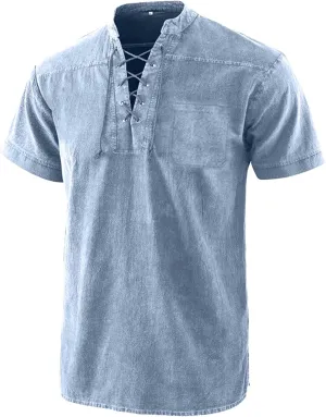Mens Lace Up V Neck T Shirts Short Sleeve Renaissance Pirate Gothic Viking Steampunk Tops Medieval Summer Retro Shirt