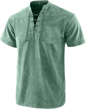 Mens Lace Up V Neck T Shirts Short Sleeve Renaissance Pirate Gothic Viking Steampunk Tops Medieval Summer Retro Shirt