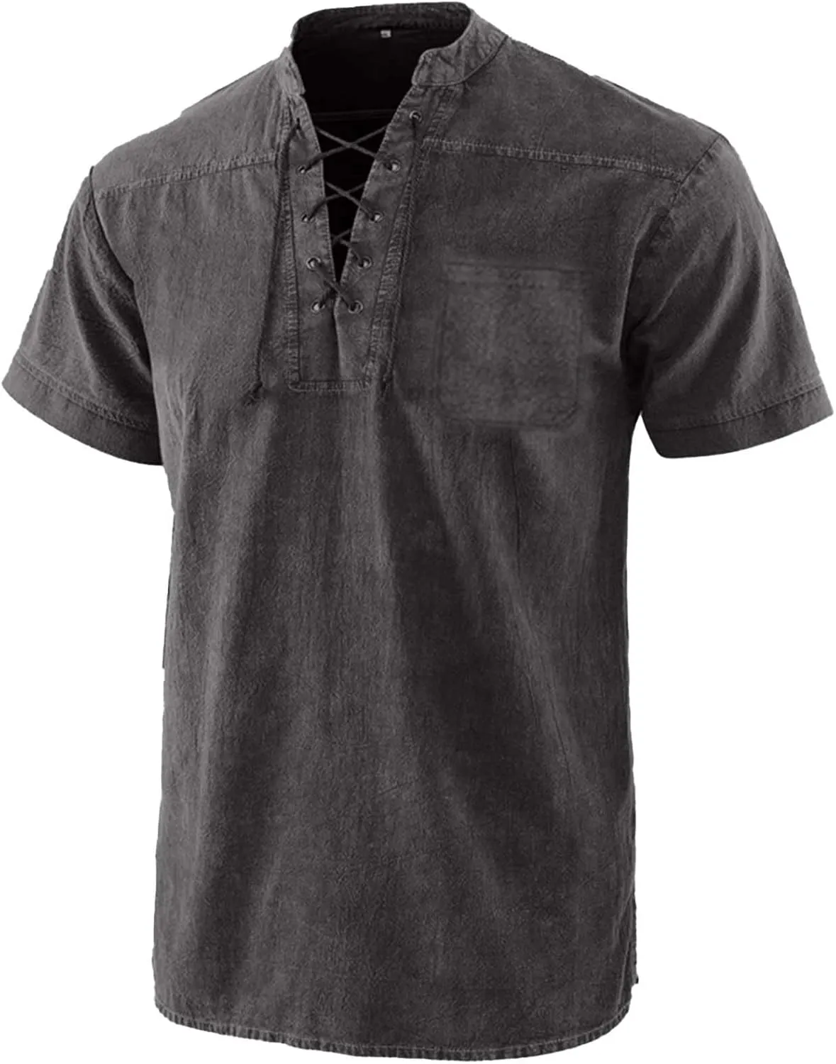 Mens Lace Up V Neck T Shirts Short Sleeve Renaissance Pirate Gothic Viking Steampunk Tops Medieval Summer Retro Shirt
