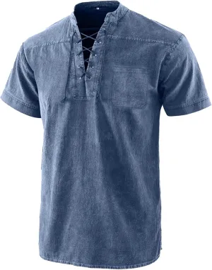 Mens Lace Up V Neck T Shirts Short Sleeve Renaissance Pirate Gothic Viking Steampunk Tops Medieval Summer Retro Shirt