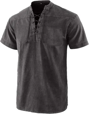 Mens Lace Up V Neck T Shirts Short Sleeve Renaissance Pirate Gothic Viking Steampunk Tops Medieval Summer Retro Shirt