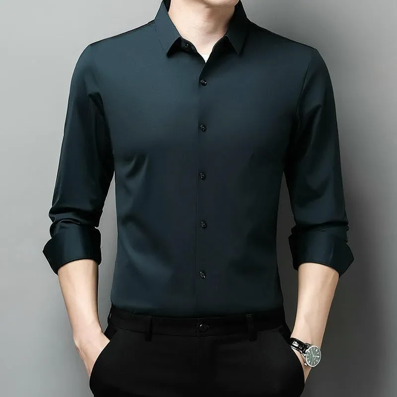 Men's Lapel Long Sleeve Shirt Non-Iron Business Casual Top Youth Middle-Aged