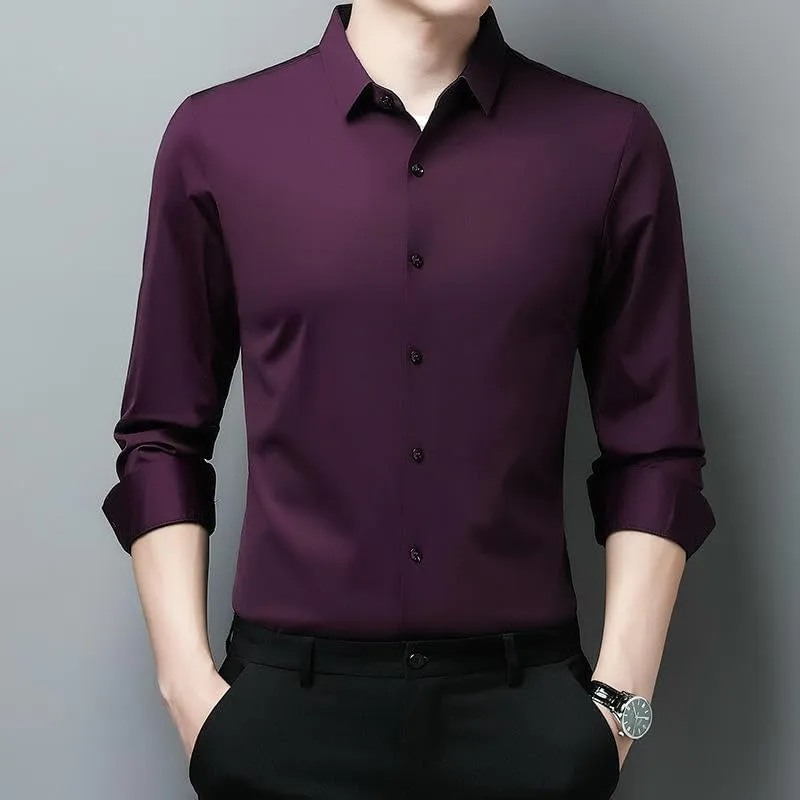 Men's Lapel Long Sleeve Shirt Non-Iron Business Casual Top Youth Middle-Aged