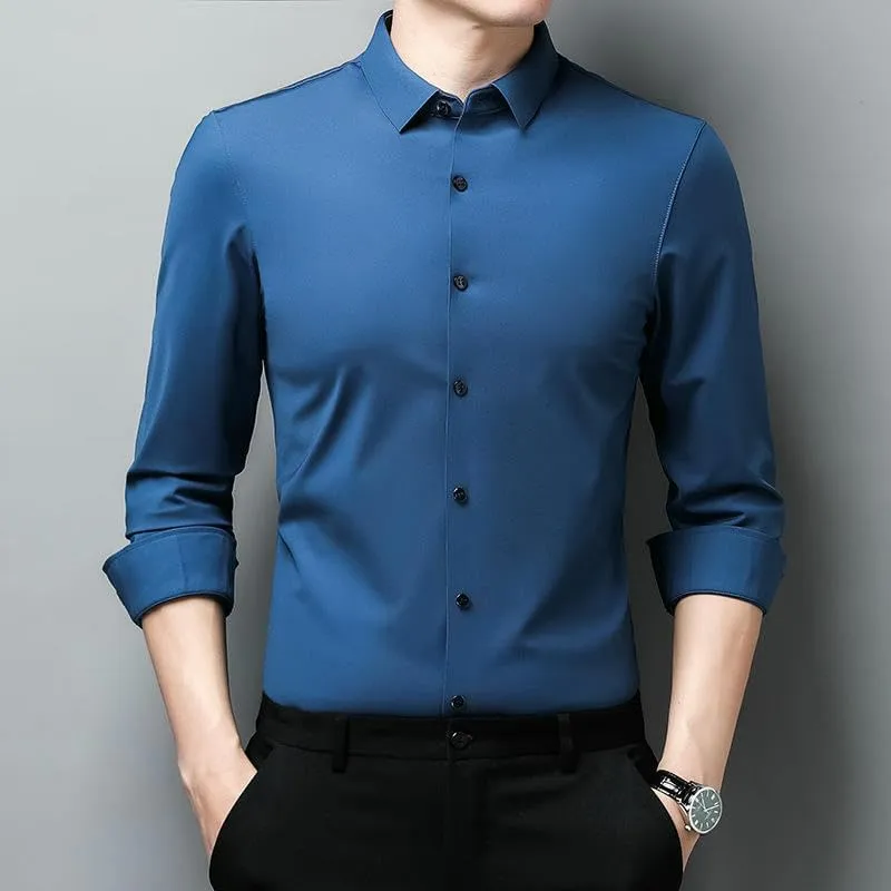 Men's Lapel Long Sleeve Shirt Non-Iron Business Casual Top Youth Middle-Aged