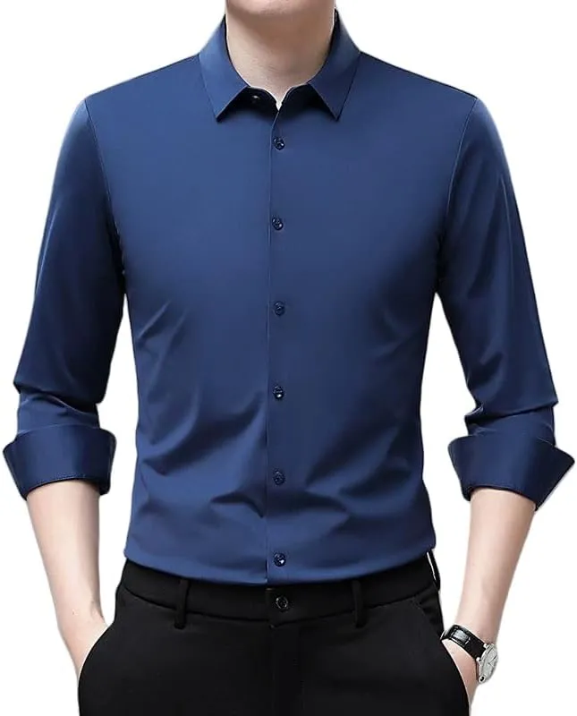 Men's Lapel Long Sleeve Shirt Non-Iron Business Casual Top Youth Middle-Aged