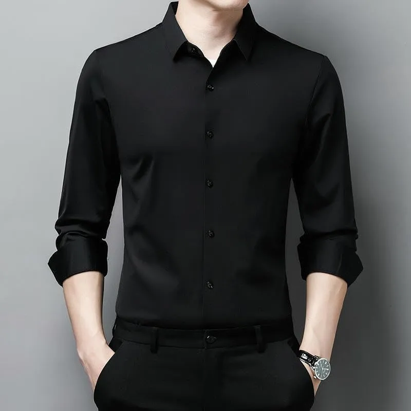 Men's Lapel Long Sleeve Shirt Non-Iron Business Casual Top Youth Middle-Aged