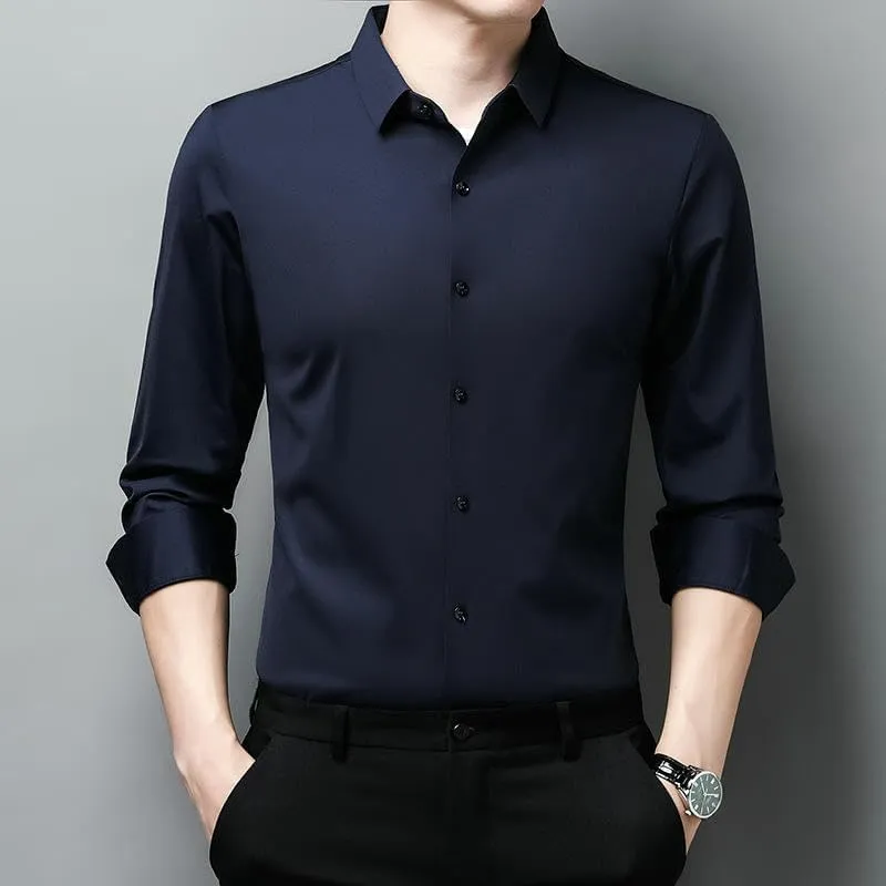 Men's Lapel Long Sleeve Shirt Non-Iron Business Casual Top Youth Middle-Aged