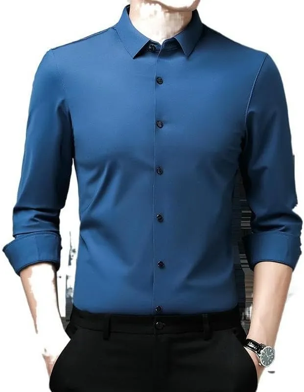 Men's Lapel Long Sleeve Shirt Non-Iron Business Casual Top Youth Middle-Aged