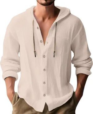 Mens Linen Hoodies Shirt Button Down Roll up Sleeve Yoga Sport T-Shirts Fashion Outdoor Workout Running Exercise Tops