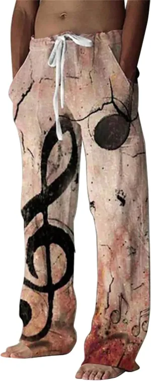 Mens Linen Pants Casual Print Summer Beach Pants Elastic Wasist Drawstring Pants with Pockets Straight Fit Trousers